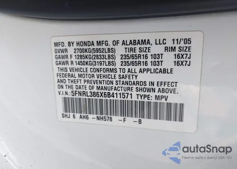 2006 Honda Odyssey Ex-L from USA, damaged, VIN 5FNRL386X6B411571